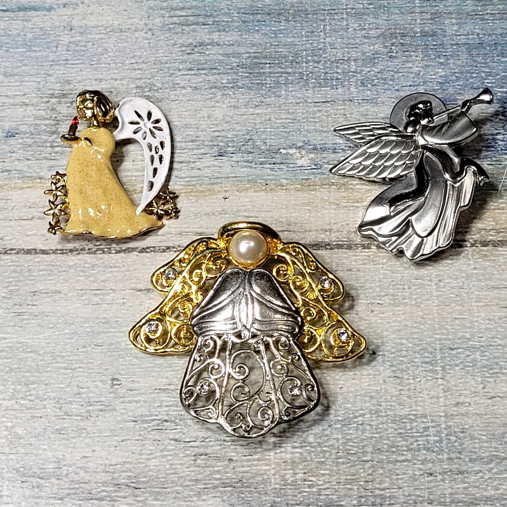 Elegant Gold and Silver Angel Brooch Set
